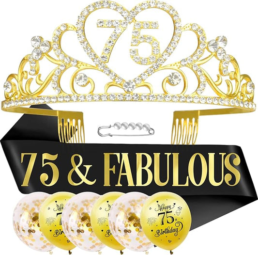 75th Birthday Tiara and Sash Kit - '75 & FABULOUS' Black Sash and Gold Rhinestone Crown for Women's 75th Birthday Party Supplies
