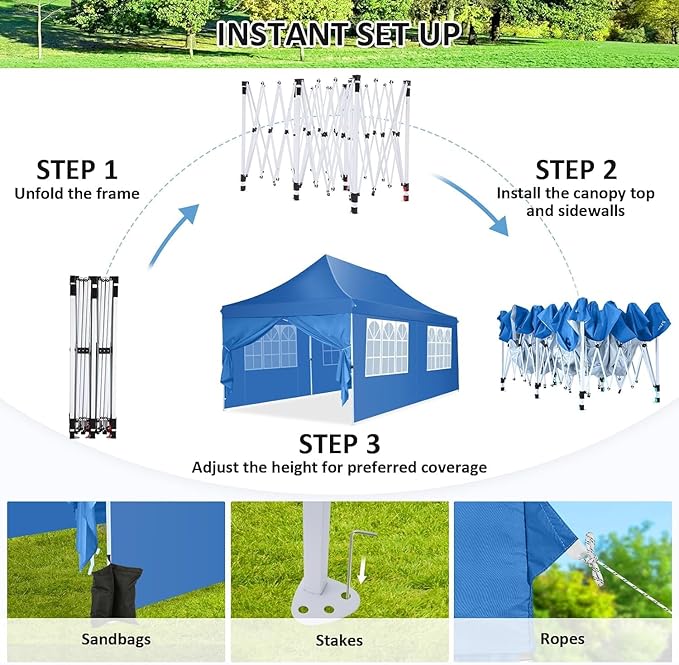 COBIZI Canopy 10x20 Pop Up Canopy Tent with Sidewalls, Waterproof Commercial Canopy Ez Outdoor Instant Gazebo UV Protection 50+ Event Shelter, Garden Tents for Parties with Sandbags, Ocean Blue