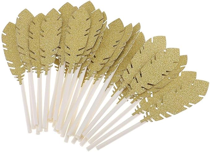 30pcs Feather Cake Toppers Cupcake Food Picks for Wedding Birthday Party Decoration - Golden