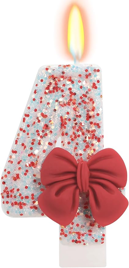 Birthday Candle for Cake, Red Bow Number Candles, 2.76 inch Cake Topper Decoration for Birthday Party (Number 4)