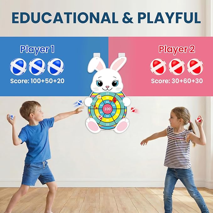 Easter Games 32" Large Bunny Dart Board - Easter Basket Stuffers Bunny Design with 12 Sticky Balls & 8 Darts, Indoor Outdoor Yard Holiday Party Games for Family, Non-Candy Gifts & Egg Fillers