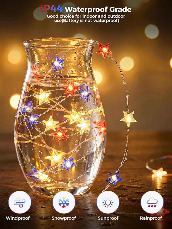 6 Packs 6.6ft 20 LEDs Star Fairy Lights Battery Operated,4th of July Decorations Mini Star String Lights,Waterproof Twinkle Starry Light for Independence Day Memorial Day,Red White and Blue