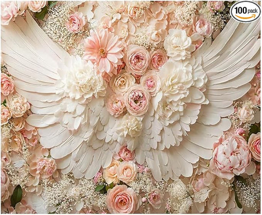 Kate 10x8ft Pink Flowers Wall White Angel Wings Princess Photography Backdrops Girl Portrait Background