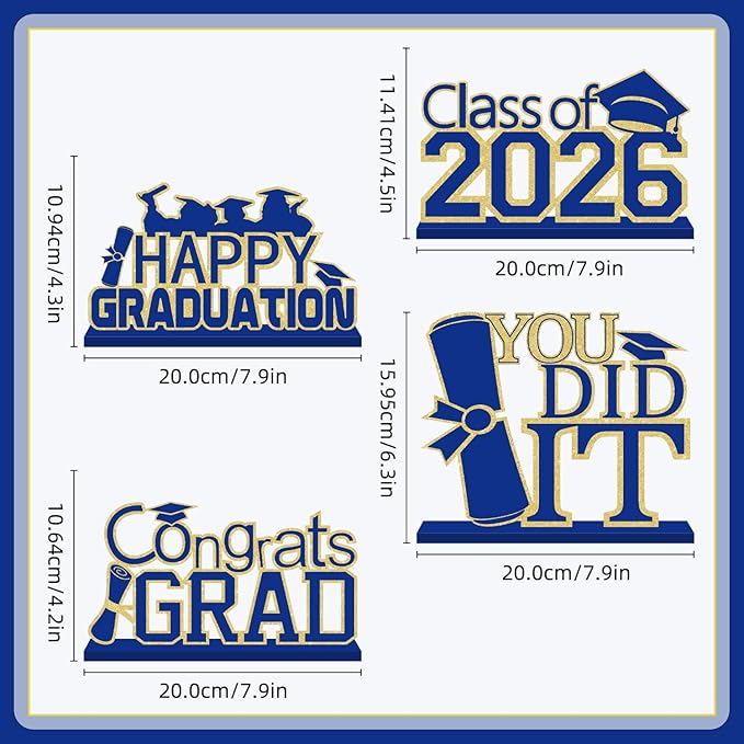 4Pcs Blue and Gold Graduation Decorations Class of 2026 Congrats Grad Wooden Table Centerpieces Grad Table Decorations for Graduation Centerpieces