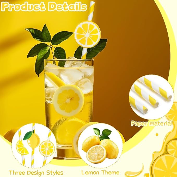 JANYUN 60 Pieces Lemon Paper Straws, 3 Styles of Lemon Decor Paper Drinking Straws for Party Decorations
