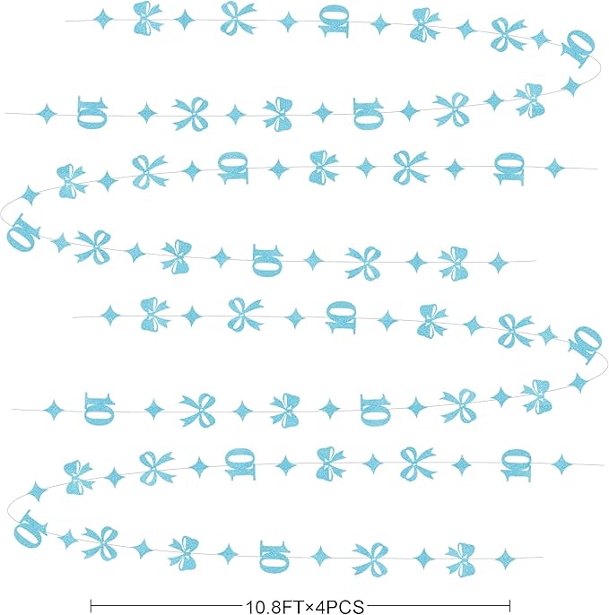 Glitter Blue 10th Bow Birthday Decorations Teal Blue Conquette Bow Garland Streamer Banner Backdrop for Girls Happy 10th Birthday Double Digits I'm 10 Cheers to 10 Years Old Anniversary Party Supplies