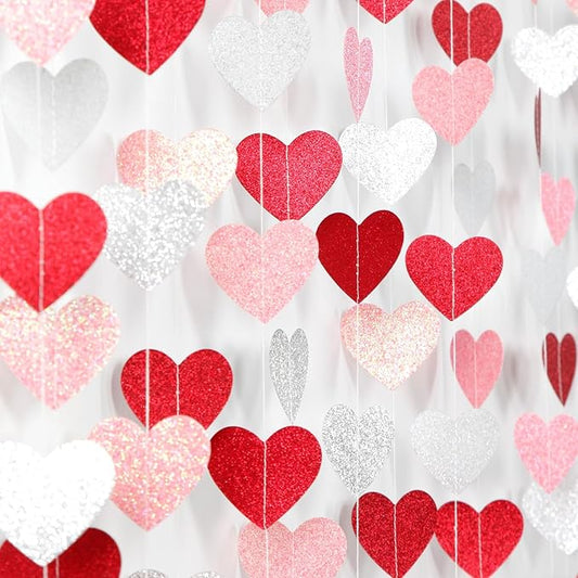 Glitter-Red Silver-Pink Valentines Party-Decorations Heart-Garland - 52ft Galentines Women Streamers Banner,Romantic Special Night Wedding Bachelorette Bridal Shower Birthday Backdrop Decor Burgleda