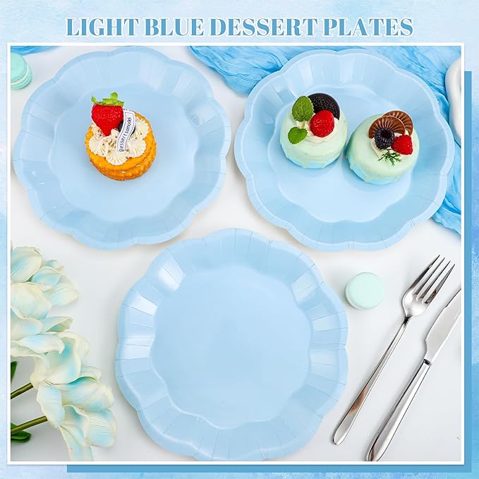 NatNarr 30 Pcs Light Blue Paper Plates 9 Inch Scalloped Baby Blue Plates Disposable Dinner Plate Party Plate for Wedding, Boy Baby Shower, Birthday, Party