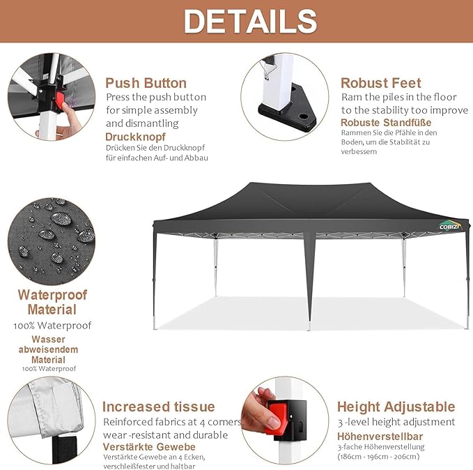 COBIZI 10x20 Pop Up Canopy with 6 Sidewalls,10x20 Canopy Tent Frame Upgraded with 3 Adjustable Heights,Waterproof UV50+ Outdoor Party Commercial Ez Up Gazebos with Carry Bag(10 x 20 ft Black)