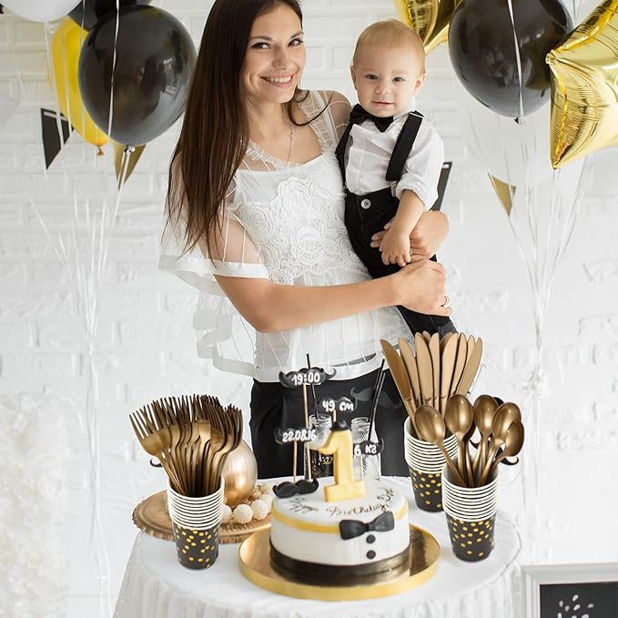 Sieral 560 Pcs Black and Gold Party Supplies for 80 Guests Golden Dot Tableware Kits Black Paper Plates Cups Napkins Gold Plastic Fork Knives Spoons for Birthday Retirement Graduation Party Decor