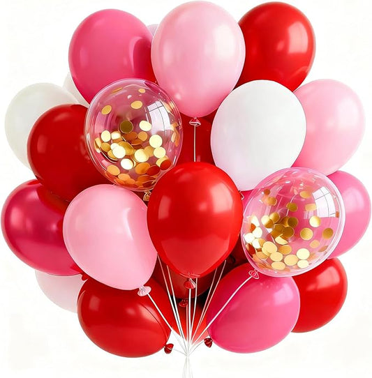 PartyWoo Pink and Red Balloons 66pcs 12 Inch Hot Baby Pink Matte Red White Gold Confetti Balloons for Valentine's Day Engagement Weedding Bachelorette Girl Princess Birthday Party Decorations