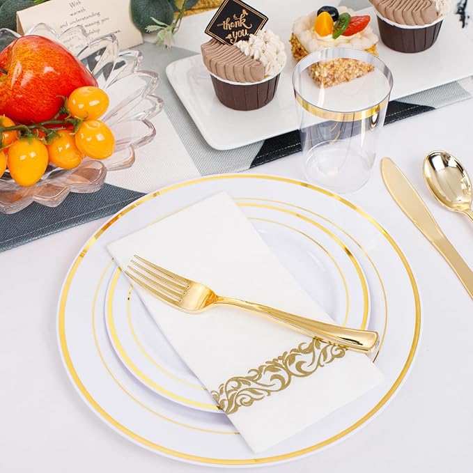 350 Pieces White and Gold Plastic Plates - 50 Guest Dinnerware Set Include 100 Plates, 50 Gold Plastic Silverware, 50 Paper Napkins and 50 Cups for Wedding/Baby Shower/Spring/Birthday/Mother's Day