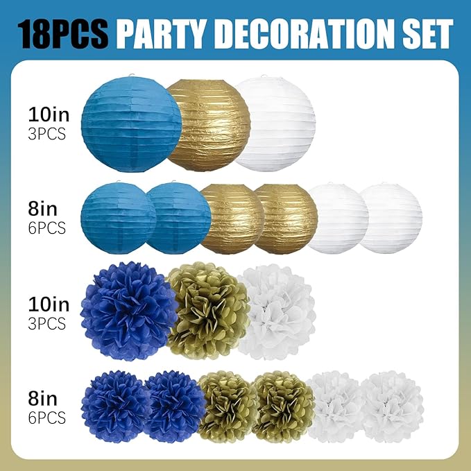 18 PCS Blue White Gold Paper Lanterns & Tissue Paper Pom Poms for Men's Birthday, Graduation 2026, Wedding, Hanging Paper Party Decoration Set for Indoor Outdoor Events Theme Party Supplies