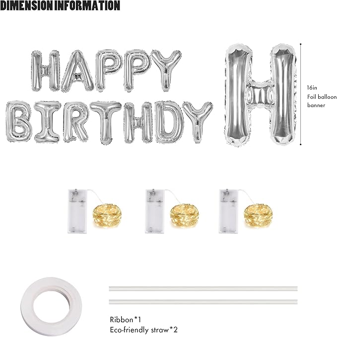 CANREVEL Happy Birthday Banner 13pcs 16 Inch Mylar Foil Letters Sign Balloons with LED Lights Birthday Party Decorations for Kids and Adults - 3D Silver