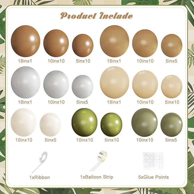 Brown Sage Green Balloon Arch Kit, 124Pcs Nude Blush Dusty Blue Sand White Olive Green for Safari Jungle Woodland Wedding Baby Shower Birthday Party Decorations