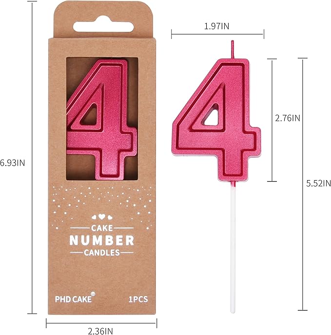 PHD Luxe Red 2.76 Inch 4 Number Birthday Candles, Red Cake Candles for Party Celebration