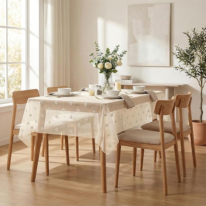 Horaldaily Champagne Embroidery Daisy Spring Summer Gauze Tablecloth 60×104 Inch Rectangular, Seasonal Tulle Table Cover, Garden Party Decorations for Wedding, Party, Holiday Dining
