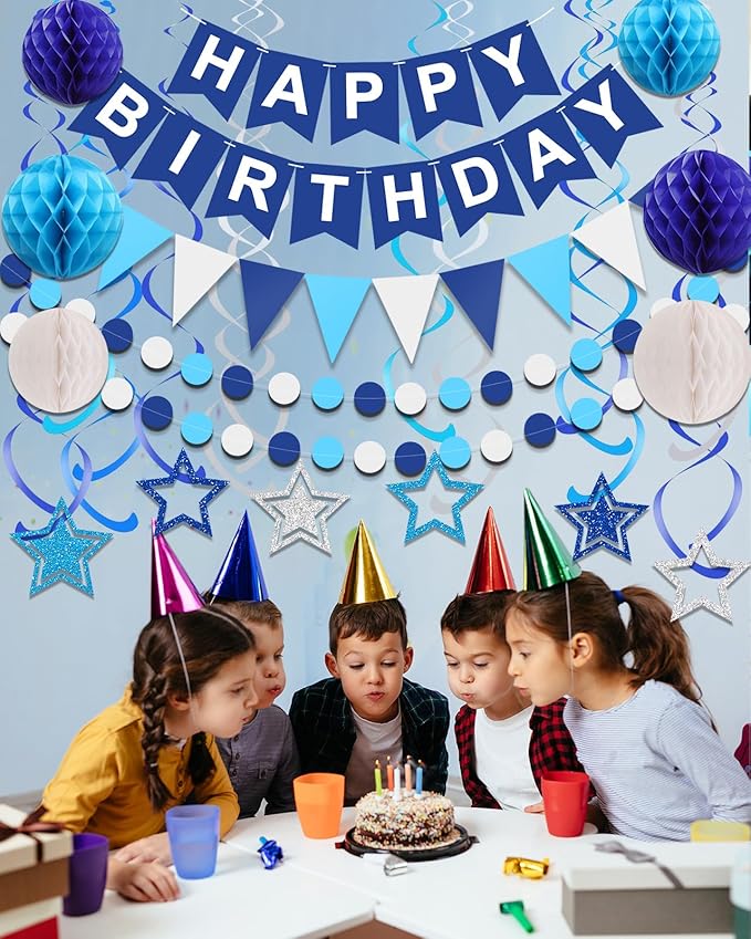Pre-Strung Blue Happy Birthday Decorations, Happy Birthday Banner with Honeycomb Balls, Stars Hanging Swirl Streamers, Dots Garland, Party Decorations for Men Boys Women Girls