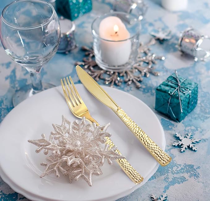 Supernal 360pcs Gold Plastic Silverware Set - Heavy Duty Disposable Cutlery (120 Forks, 120 Spoons, 120 Knives) - Elegant Hammered Finish, Premium Plastic Flatware for Weddings, Parties & Catering