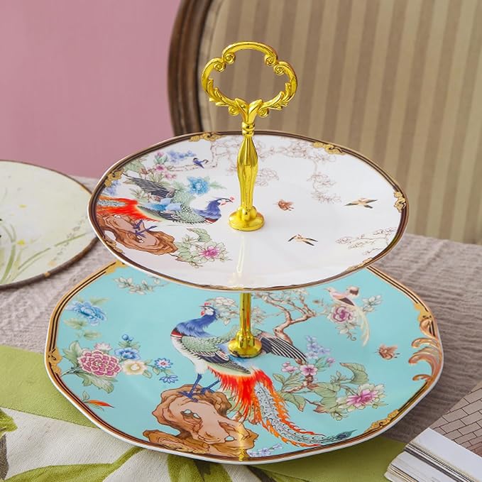 ACMLIFE Afternoon Tea Stand - Porcelain 2-Tier Cake Stand with Vintage Floral Design in Blue Bone China for Tea Parties and Dessert Displays