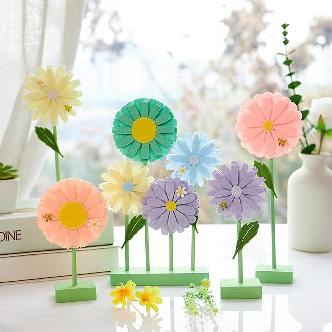 SUNBEAUTY 8PCS Daisy Party Decorations Felt Flowers Daisy Centerpieces for Tables Spring Flower Tables Decor Pastel Flower Table Decorations for Girl Birthday Baby Shower Spring Garden Home Decor