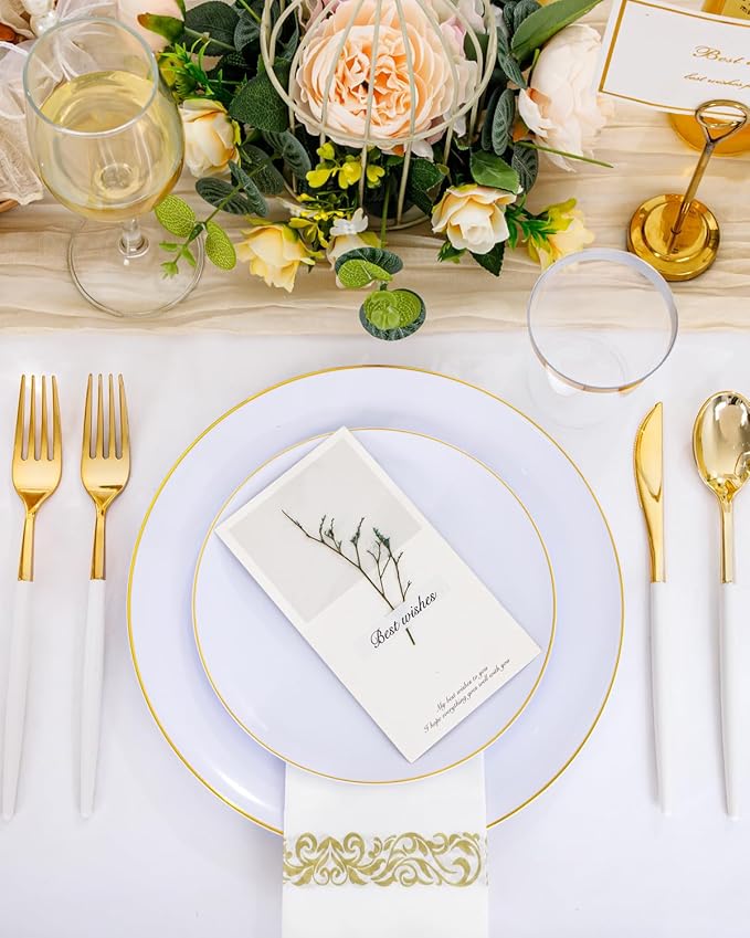 Supernal Elegant White and Gold Plastic Dinnerware Set ??Premium Heavy-Duty Disposable Plates & Gold Plastic Silverware for Weddings, Outdoor Parties & Birthdays (Serves 30)