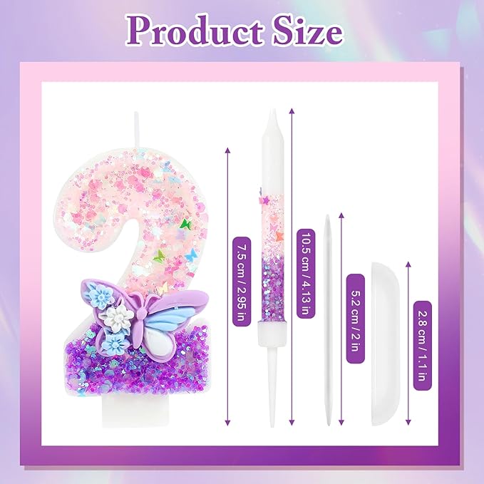AKURIEEY Butterfly 2nd Birthday Candle Purple Number 2 Candle with 6 Pcs Long Candles for Girls Cake Topper Cupcake Decor Party Decoration Anniversary Celebrations Supplies