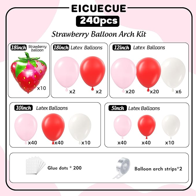 240pcs Strawberry Balloon Arch Garland Kit, Red and Pink Balloons with Strawberry Foil Balloons for Girls Sweet One Berry First Birthday Baby Shower Valentine's Day Party Decorations