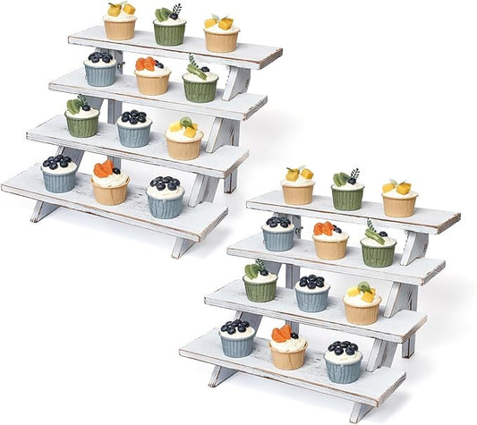 DAOYOUSKY 2Pcs Wooden Rustic Cupcake Stand for 24 Cupcakes, Stepped Wood Display Stand for Weddings, Tiered Party Table Display Riser for Food , Dessert, Cookie, Decor, Craft Show, White
