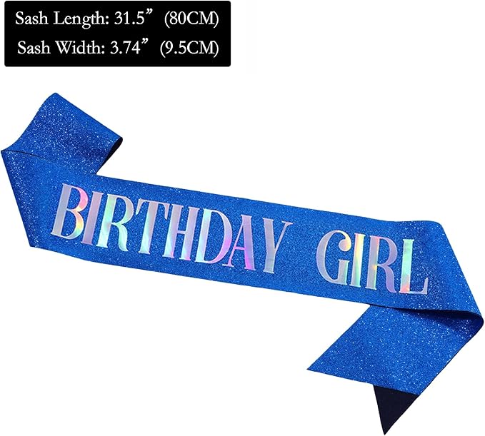 Birthday Sash for Girl, Dazzle Foil Letter Glitter Royal Blue Birthday Sash for Women Girl Kids Teenager Bday Gifts Party Favors Photo Prop
