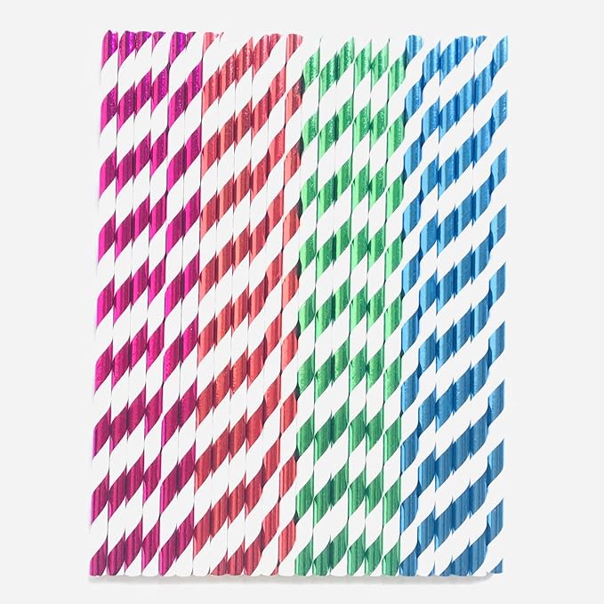 100 pcs Mixed Biodegradable Colorful Party Paper Straws, Colored Hot Pink Blue Red Green Foil Striped Drinking Straws Bulk, Restaurant Holiday Birthday Wedding Cake Pop Sticks (Metallic Stripe)