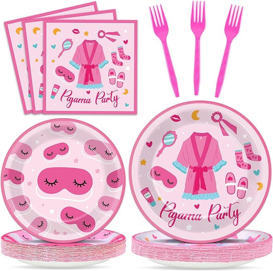 100 Pcs Pajama Party Paper Plates and Napkins Set Sleepover Party Decorations Supplies Girls Sleepover Tableware Favors for Spa Slumber Birthday Hot Pink Pajama Party Decorations Serves 25