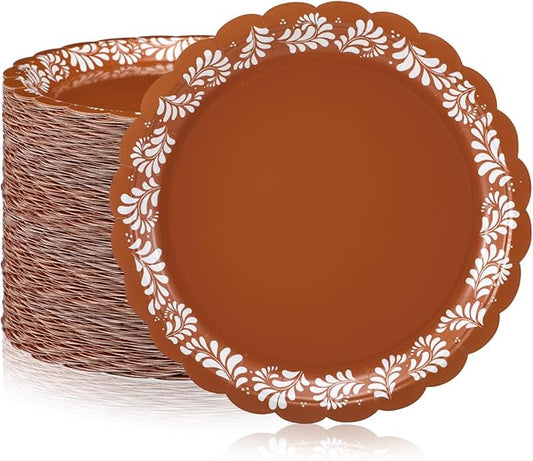 AmazingSpark 100 Pcs 9 Inch Brown Cielito Lindo Paper Plates Platos De Barro Mexicanos Fiesta Party Plates Mexican Talavera Disposable Dishes for Baby Shower Birthday Wedding Supplies Decoration