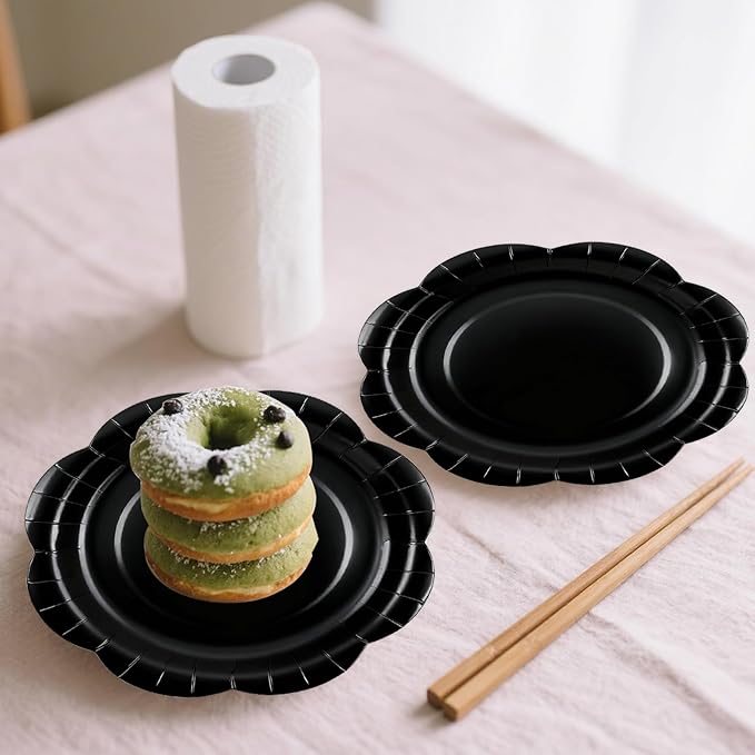 50 Pack Black Paper Plates 7 Inch, Disposable Scalloped Plates Cake Dessert Plate for Dinner Baby Shower Wedding Bridal Shower Birthday Party Supplies (Black, 7 inch)