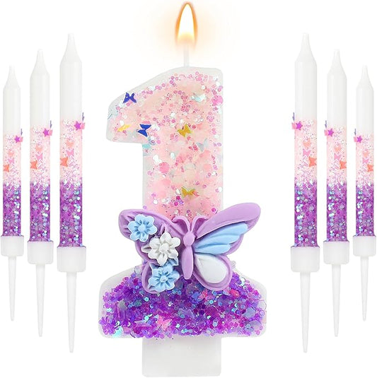 AKURIEEY Butterfly 1st Birthday Candle Purple Number 1 Candle with 6 Pcs Long Candles for Girls Cake Topper Cupcake Decor Party Decoration Anniversary Celebrations Supplies