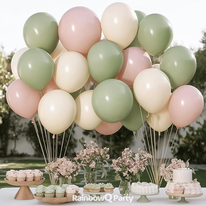 Pink and Green Balloons 12 Inch 67PCS White Sage Green Balloons Latex Helium Balloon Set for Anniversary Wedding Birthday Party Decorations