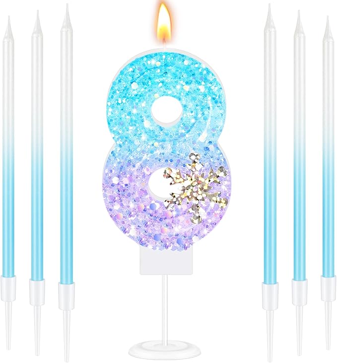 MTLEE Number 8 Birthday Candle Blue Snowflake with 6 Long Thin Cupcake Candles Blue Sparklers Glitter Number Happy Birthday Cake Topper Decorations for Winter Party Supplies
