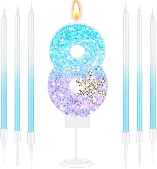 MTLEE Number 8 Birthday Candle Blue Snowflake with 6 Long Thin Cupcake Candles Blue Sparklers Glitter Number Happy Birthday Cake Topper Decorations for Winter Party Supplies