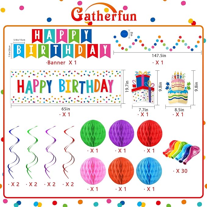 Happy Birthday Decorations Kit: Happy Birthday Banner,Birthday Dots Design Plastic Backdrop, Circle Confetti Garland, Swirl Streamers, Honeycomb Balls & Party Balloons - Table Centerpiece Set