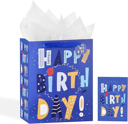 Powbrace 13" Blue Happy Birthday Bag with Tissue Paper and Greeting Card for Party,Happy Birthday Gift Bag for Boys, Girls, Kids, Men Women,Gift Bags Medium size (1 PCS Blue, Gift Bag)
