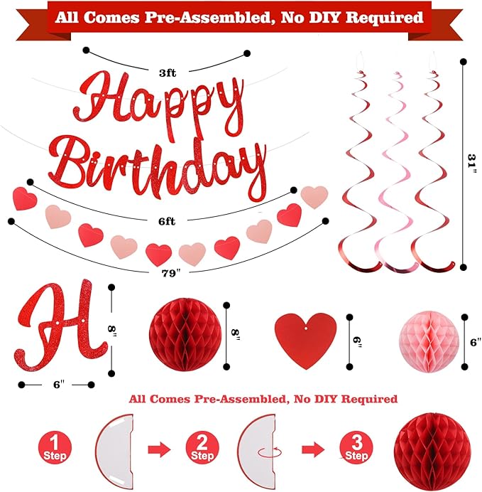 YEOCU Birthday Decorations, NO DIY, Pre-Strung Happy Birthday Banner with Honeycomb Balls, Hanging Swirls, Circle Dots Garland, Happy Birthday Party Decorations for Women Men Boys Girls (Red)