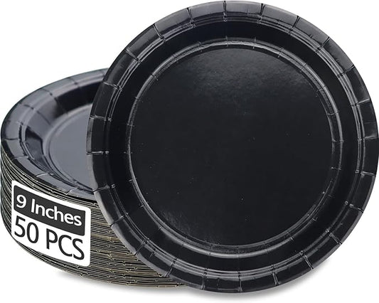 50Pcs Black Paper Plates - 9” Black Disposable Plates Round Bulk Dinner Plates for Daily Use Holiday Picnic Celebrations Birthday Party Decorations