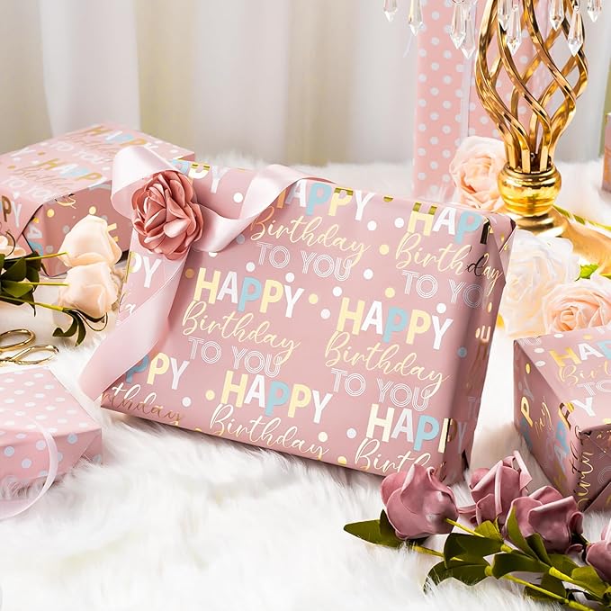MAYPLUSS Reversible Pink Birthday Wrapping Paper Roll - 17 Inch X 16.5 Feet - Glitter Happy Birthday Lettering Metallic Foil Paper Girl Gift Wrap w/Polka Dot for Holiday Party Baby Shower Mother's Day