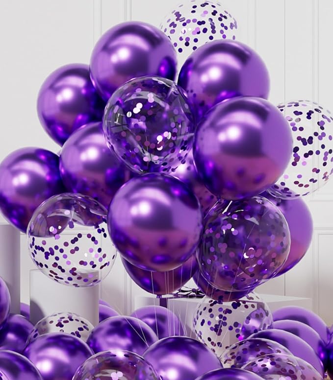 AULE Party Balloons Pack of 42 - Metallic Balloons & Confetti Balloons and 64ft Ribbons - 12 Inch Purple Balloons Decorations Set