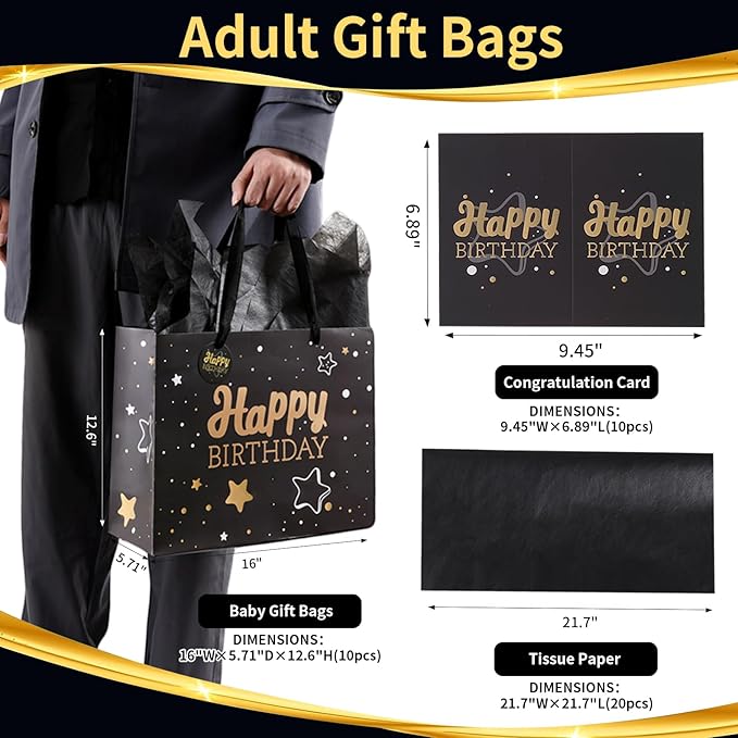 13" Black Happy Birthday Gift Bag with Tissue Paper and Greeting Card for Party,Happy Birthday Gift Bag for Men Women,Gift Bags Medium size(10 PCS Black Hot Stamping)