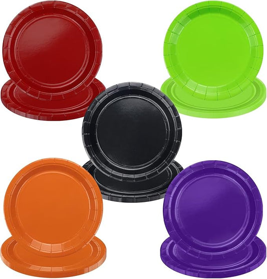 50Pcs Halloween Plates - 9” Black Red Orange Green Purple Round Bulk Dinner Plates for Holiday Picnic Celebrations Halloween Party Decorations