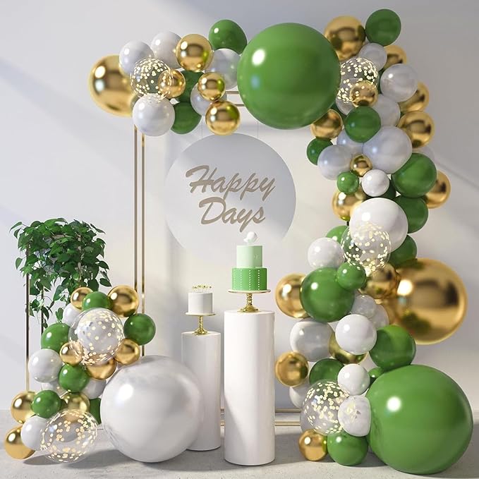 LovesTown 150 PCS Sage Green White Gold Balloons Different Size of 18 12 10 5 Inch, Gold Confetti Balloons with Ribbons for Boho Wedding Bridal Shower Safari Birthday Party Decorations