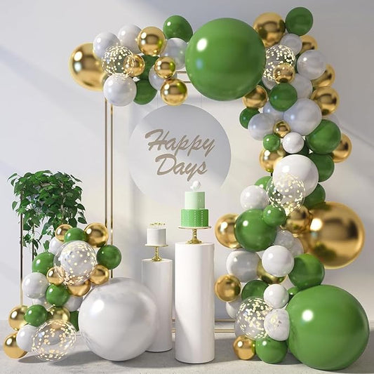 LovesTown 150 PCS Sage Green White Gold Balloons Different Size of 18 12 10 5 Inch, Gold Confetti Balloons with Ribbons for Boho Wedding Bridal Shower Safari Birthday Party Decorations
