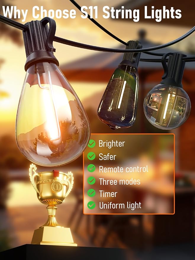 luckystyle 200FT LED Outdoor String Lights with Remote, 74+2 Shatterproof Bulbs Waterproof and Dimmable Patio Lights for Porch, Garden, Backyard, Deck, Balcony, 2200K Hanging Lighting