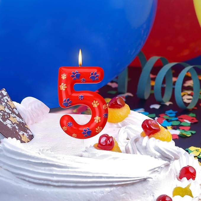 Conelist Number 5 Dog Paw Birthday Candles Dog Toppers Candles Blue Yellow and Red Numeral Birthday Cake Topper for 5 Year Old Boy Girl Paw Party Decoration Party Supplies